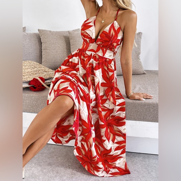 Adecentexposure Dresses & Skirts - ❤️ Crisscross Back Printed Midi Dress with Cutout Detail - Red